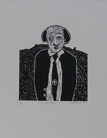 Click the image for a view of: Colbert Mashile. The demoted. 2009. Linocut. 420X323mm